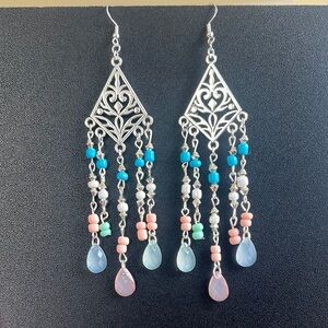 Elegant Silver Chandelier Earrings with Blue, white and orange Accents